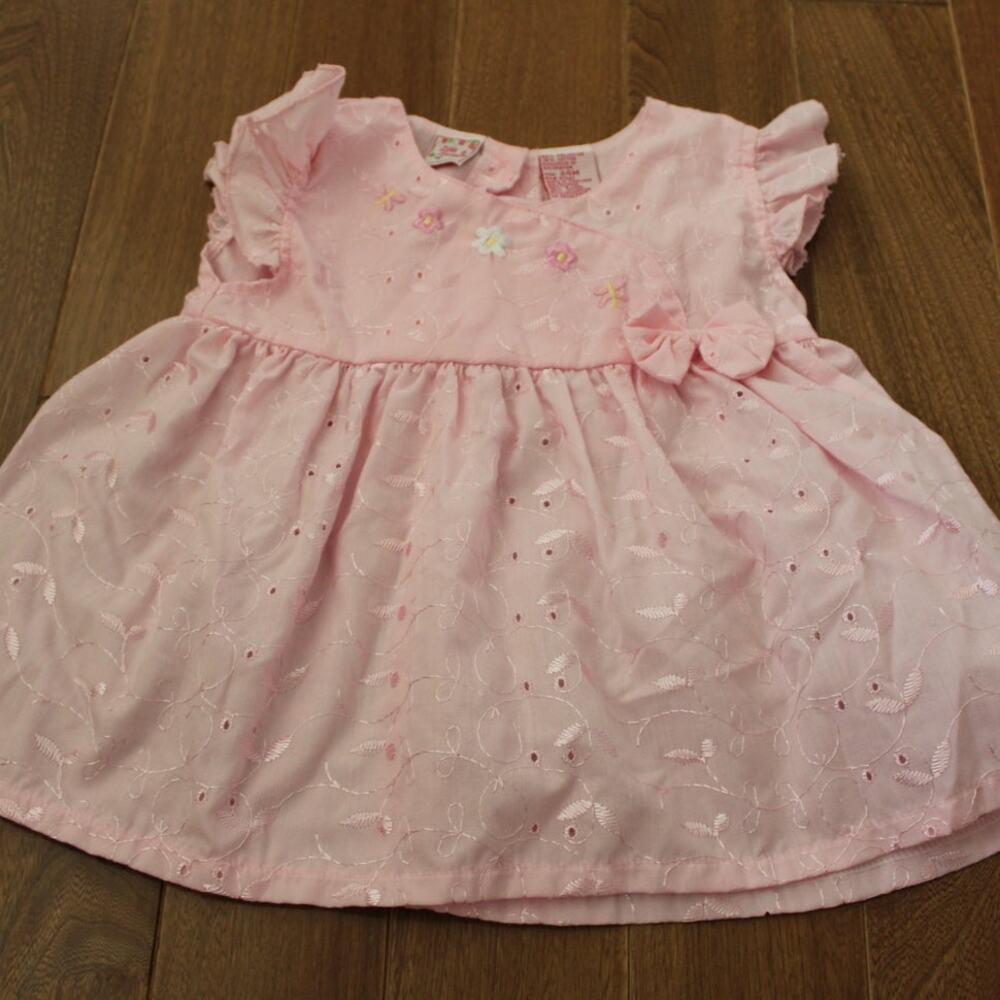 Vintage Little Lindsey Eyelet Pink Dress 24 Month Flower Butterfly Embroidery